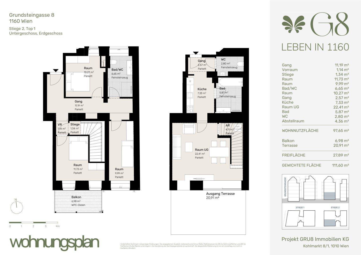 Grundrissplan einer Maisonette-Wohnung über zwei Ebenen mit Balkon, Terrasse, mehreren Zimmern und Bädern.