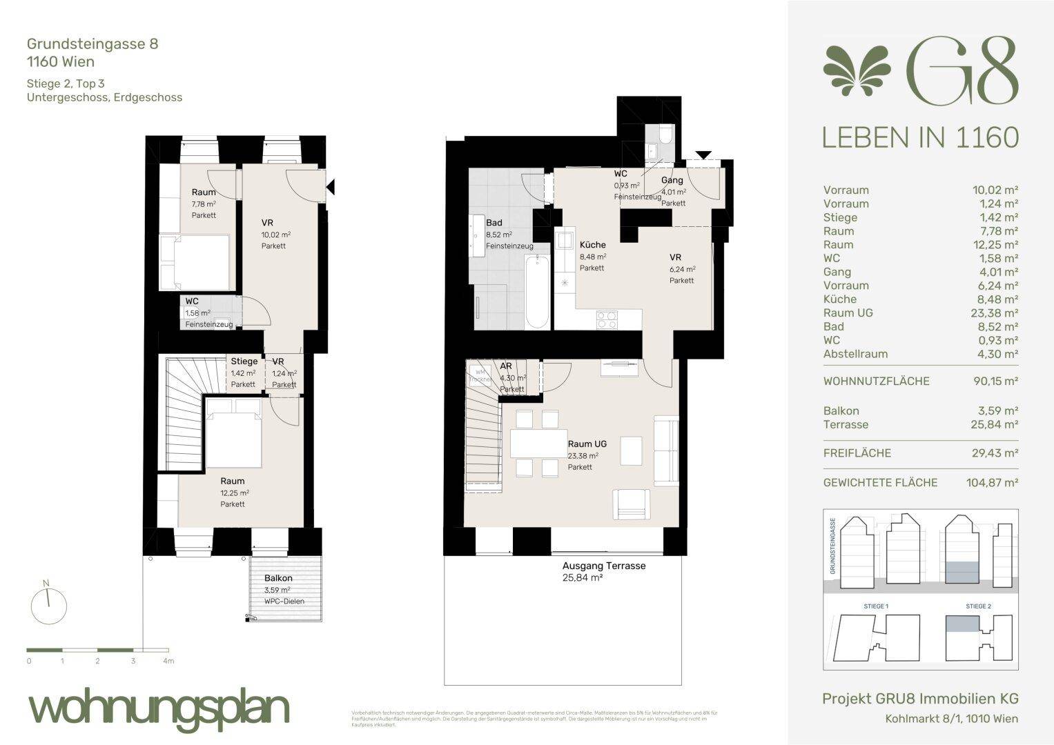 Grundriss einer Maisonette-Wohnung mit Balkon, Terrasse, mehreren Zimmern und separater Küche.