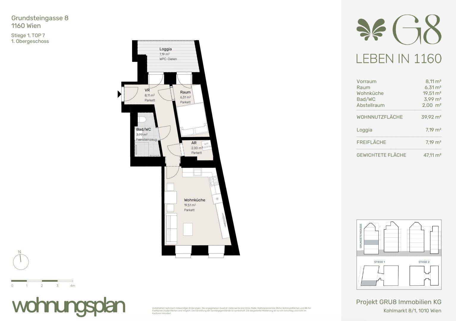 Grundriss einer Wohnung mit Wohnküche, Bad, WC, Abstellraum und Loggia.