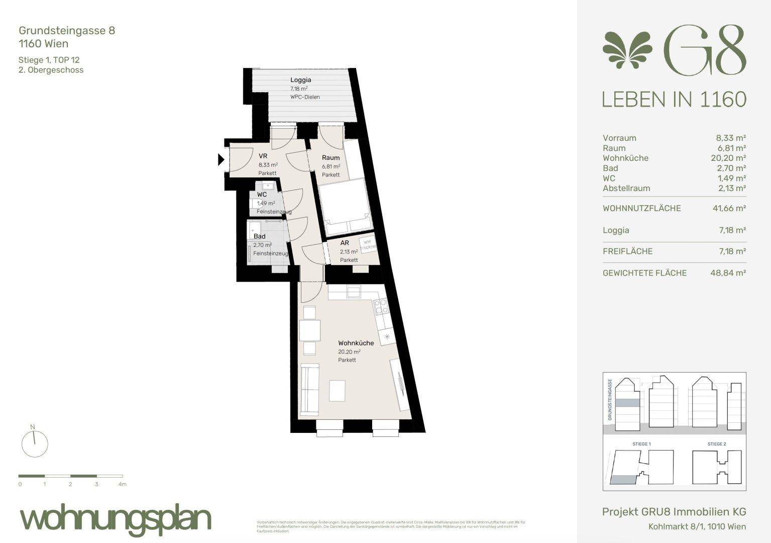 Grundriss einer Wohnung mit offener Wohnküche, Loggia und separatem WC.