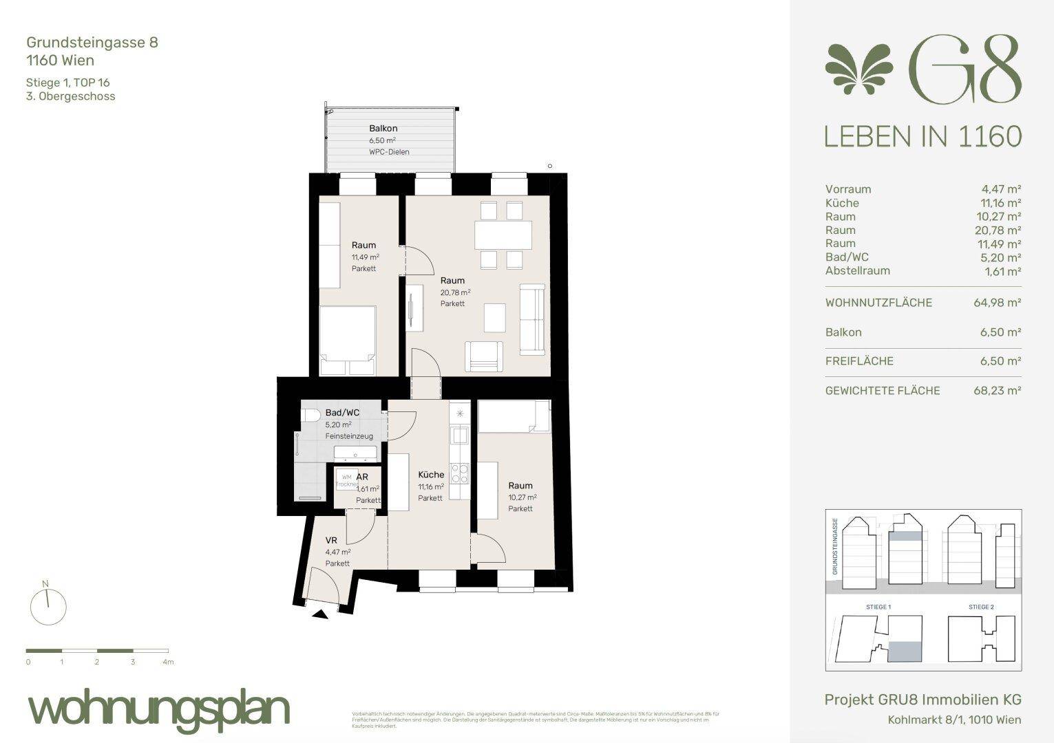 Grundriss einer Wohnung mit offenem Wohnbereich, zwei Bädern und einem Balkon.