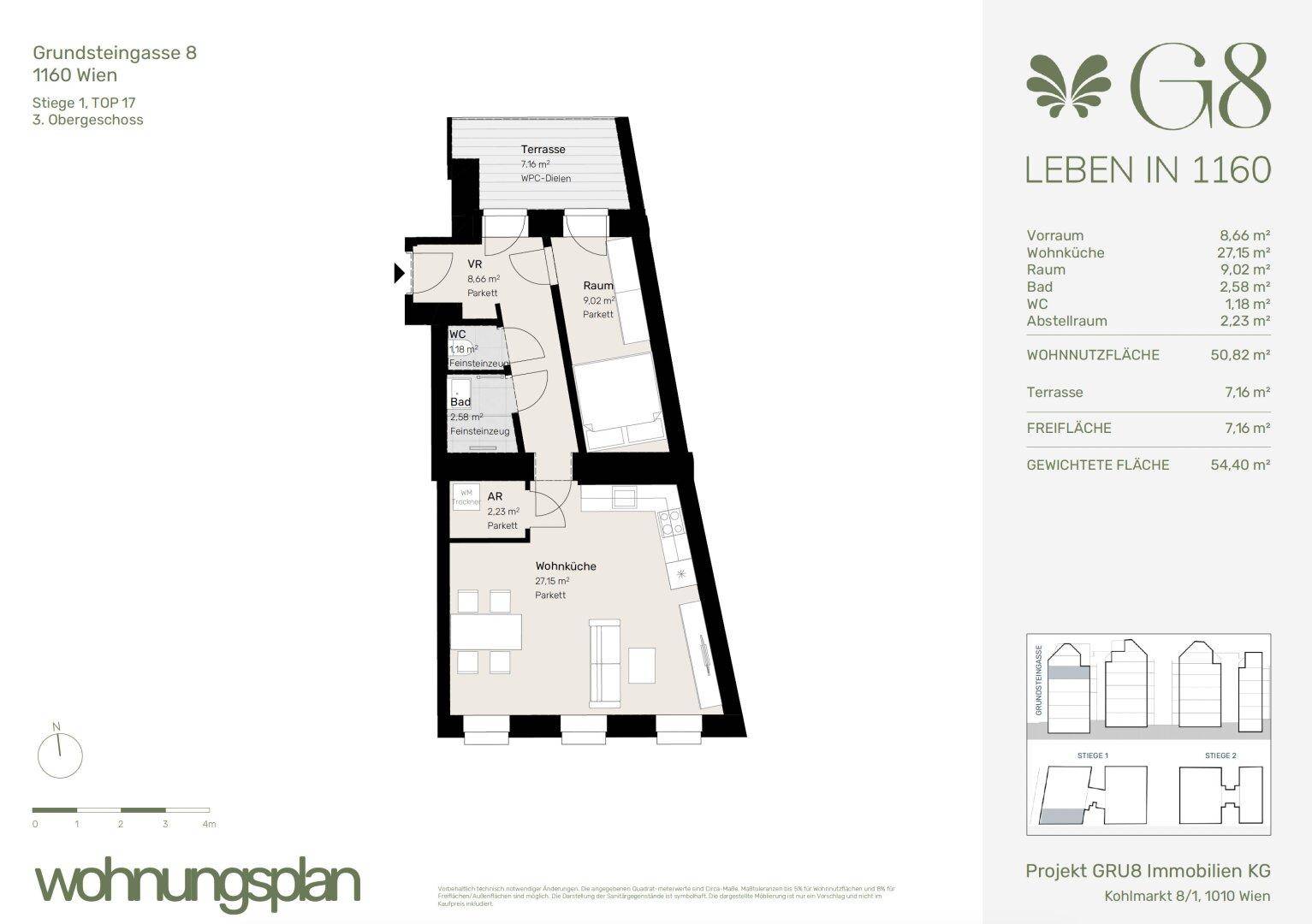 Grundriss einer Wohnung mit offener Wohnküche, Bad, WC und einer Terrasse.
