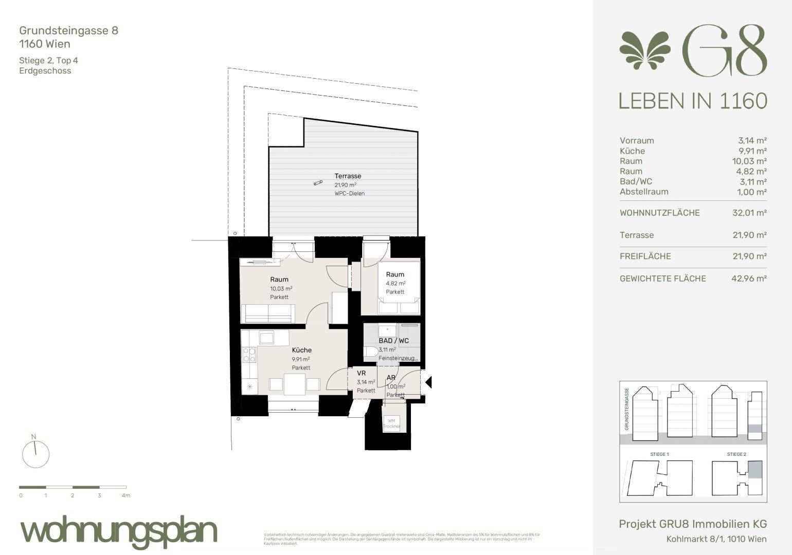 Grundriss einer Wohnung mit offener Küche, einem Zimmer, Bad und einer großen Terrasse.