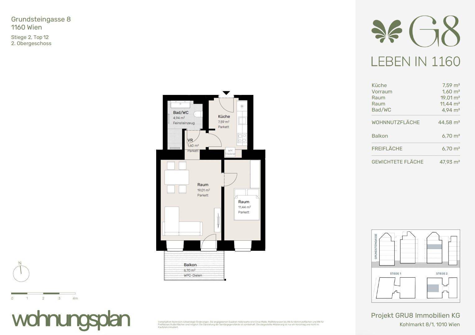 Grundriss einer Wohnung im zweiten Obergeschoss mit Balkon und offener Wohnküche.
