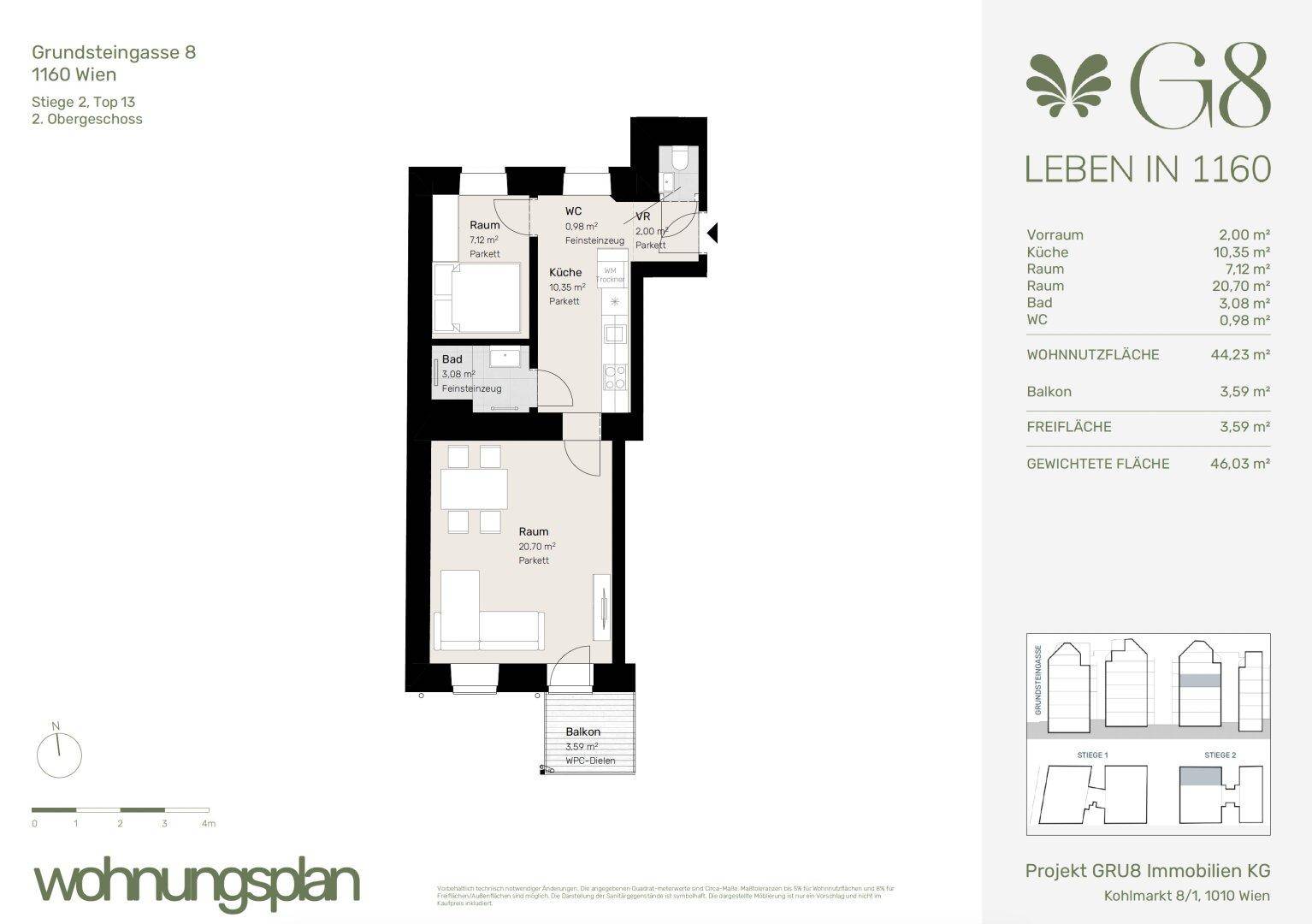 Grundriss einer Wohnung mit separater Küche, Bad, WC und einem Balkon.