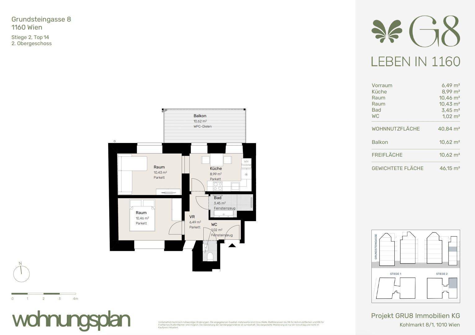 Grundriss einer Wohnung mit Balkon, separater Küche, Bad und zusätzlichem WC.