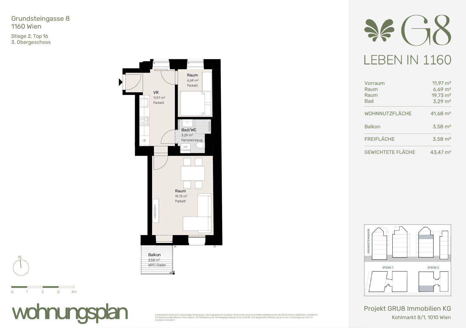 Grundriss einer Wohnung mit Vorraum, Wohnbereich, Schlafzimmer, Bad/WC und Balkon.