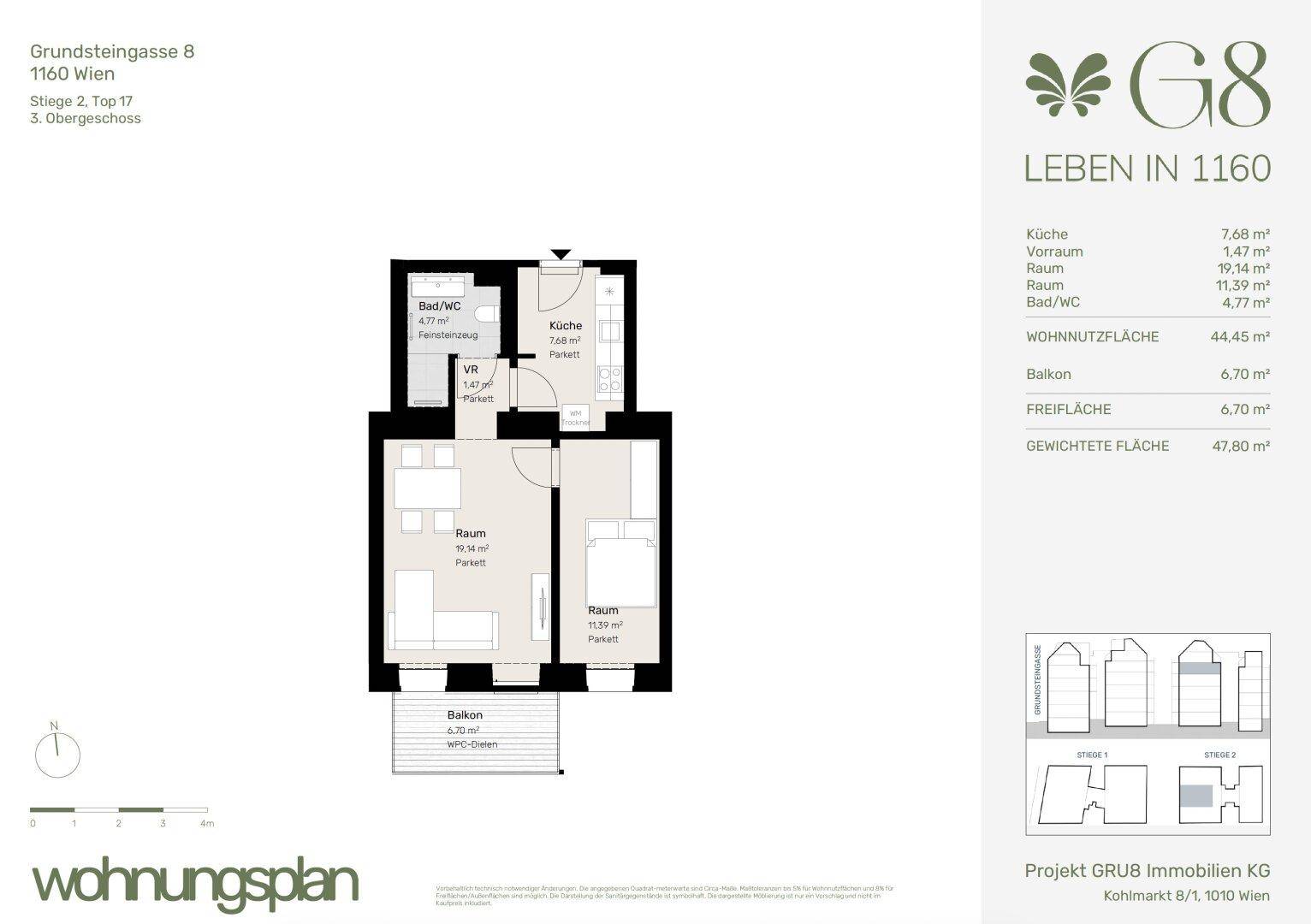 Grundriss einer Wohnung mit zwei Zimmern, Bad, WC und einem Balkon, inklusive Flächenangaben.