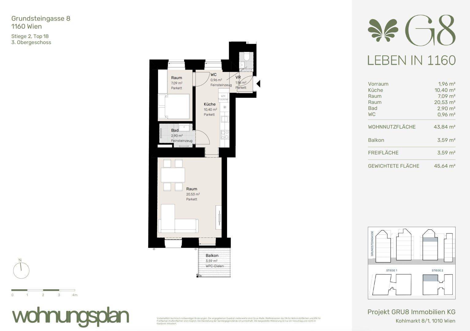 Grundriss einer Wohnung mit Wohnbereich, Küche, Schlafzimmer, Bad, WC und Balkon.