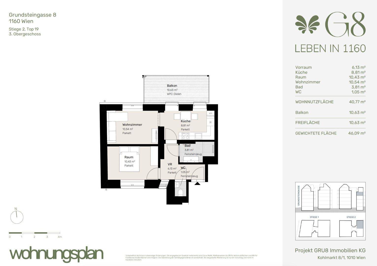 Grundriss einer Wohnung mit Wohnzimmer, Küche, Bad, separatem WC und Balkon.