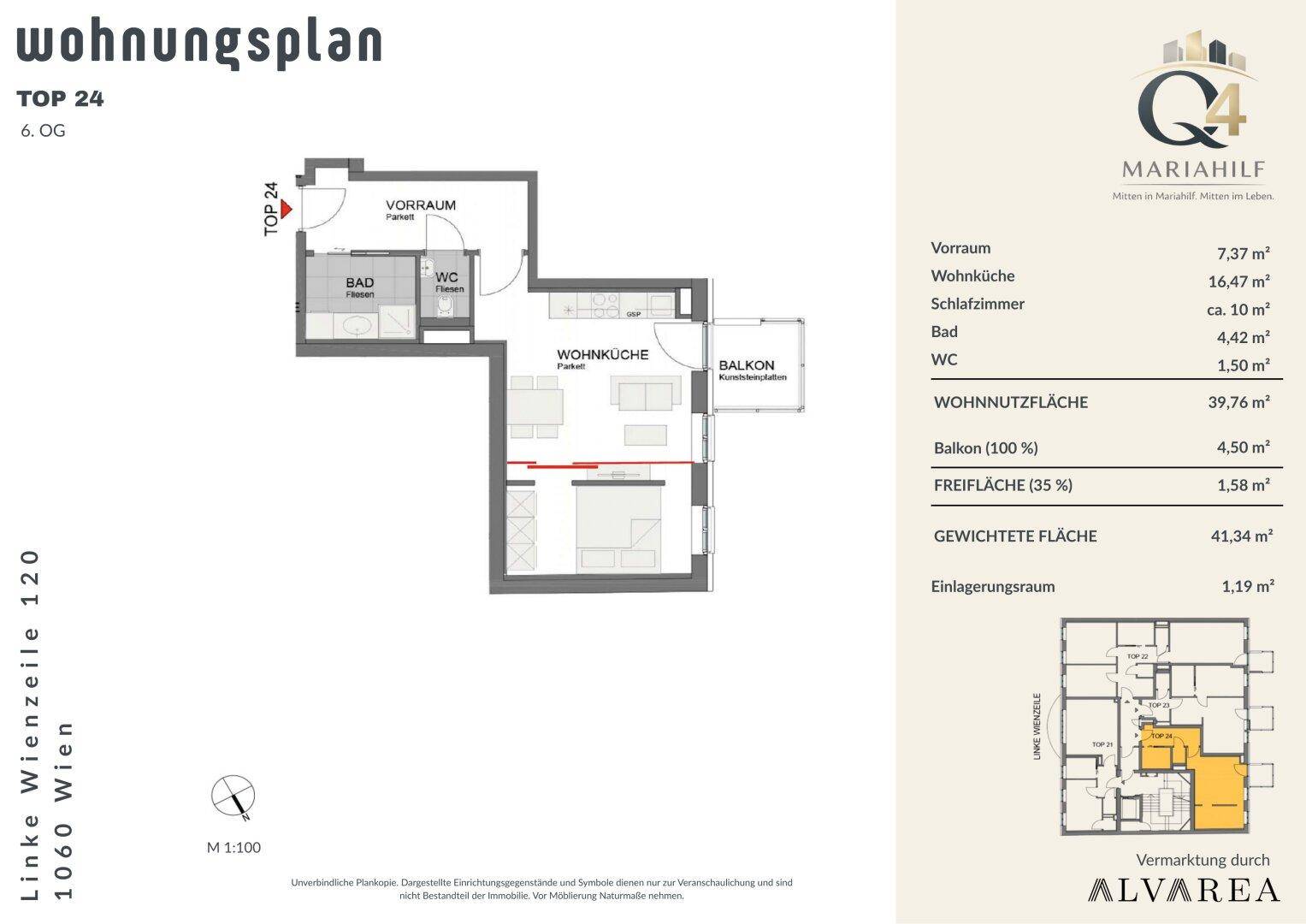 Grundriss der Wohnung TOP 24 im 6. Obergeschoss mit offener Wohnküche, Schlafzimmer, Bad und Balkon.