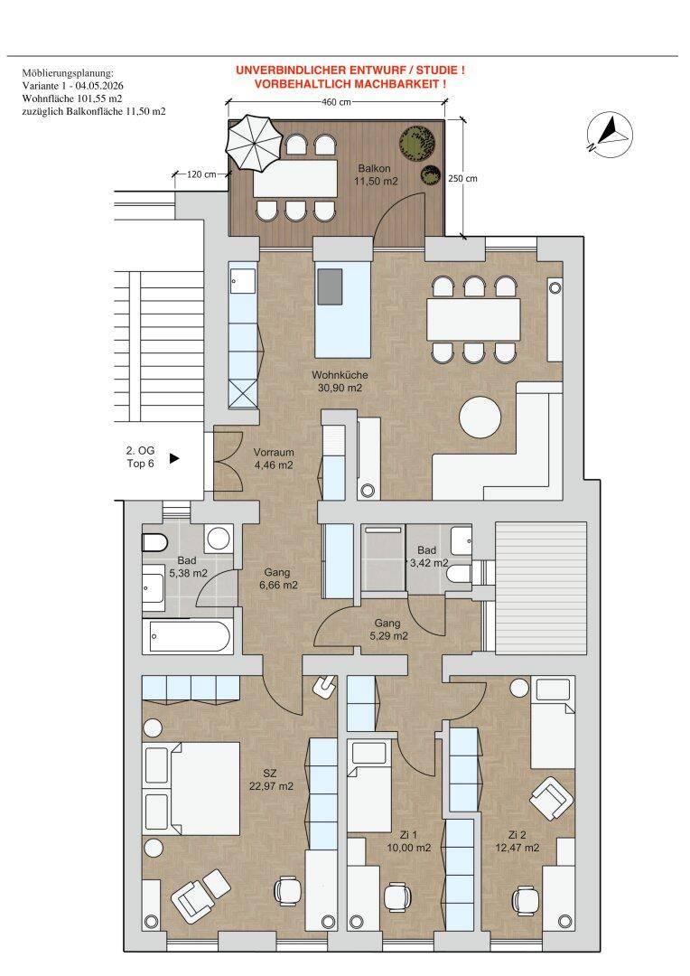 Möblierungsplan für eine Wohnung im 2. Obergeschoss mit Balkon.