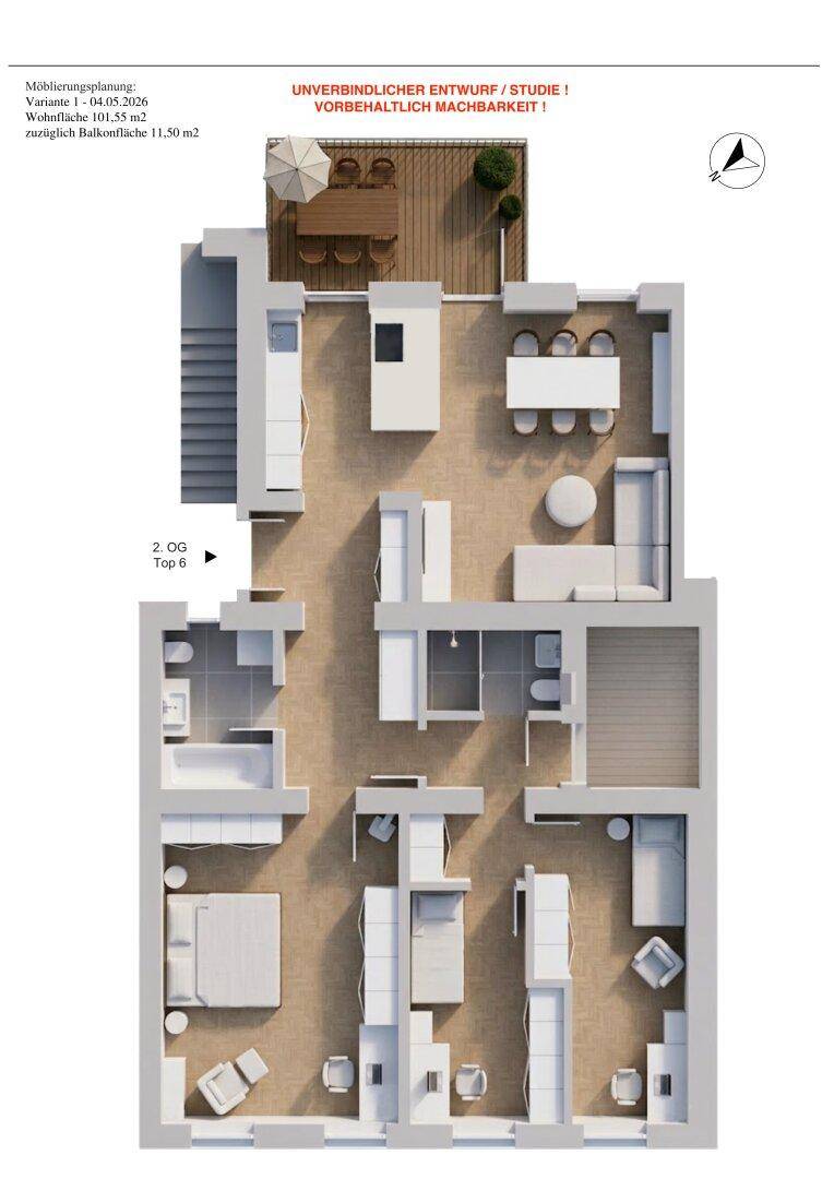 Grundriss einer Wohnung im 2. Obergeschoss mit Balkon und drei Zimmern.