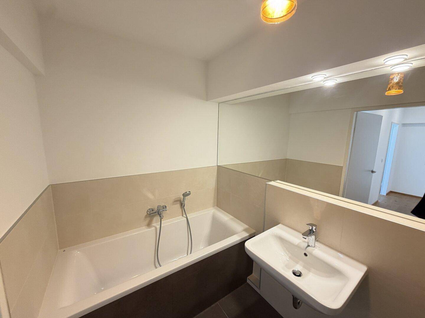 Modernes Badezimmer mit Badewanne, Einzelwaschbecken und großem Spiegel, in hellen und dunklen Fliesen.