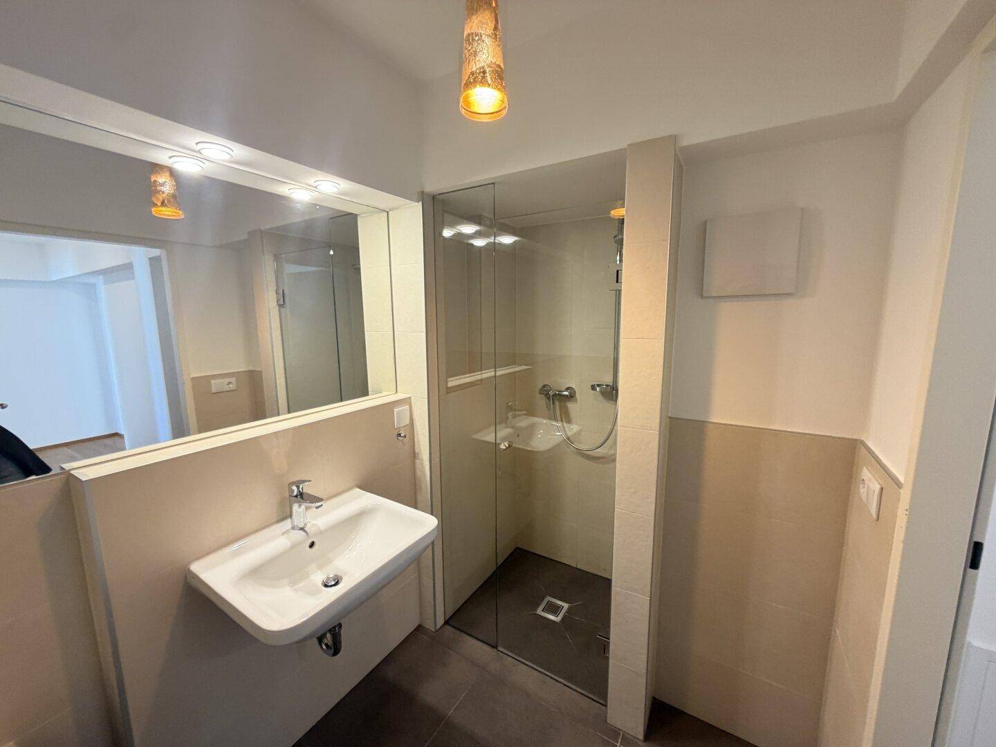 Funktionales Badezimmer mit ebenerdiger Dusche, Einzelwaschbecken und großem Spiegel, in modernen Fliesen.