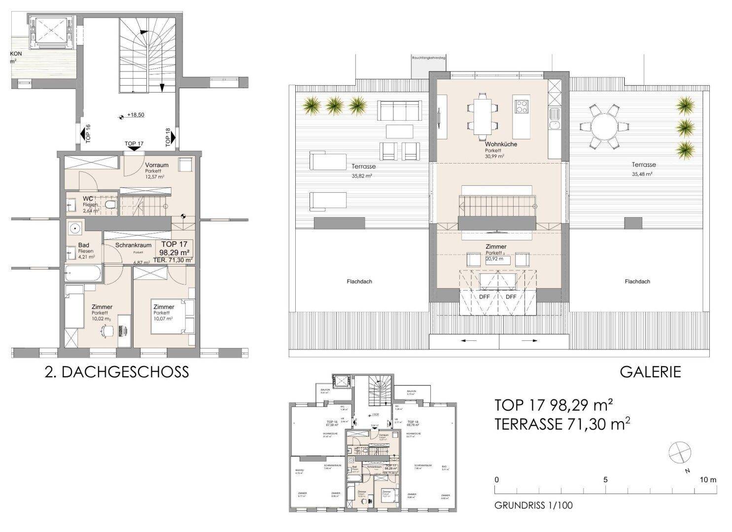 Grundriss einer Maisonette-Wohnung mit zwei Ebenen, offener Wohnküche, mehreren Zimmern, Bädern und großzügigen Terrassen.