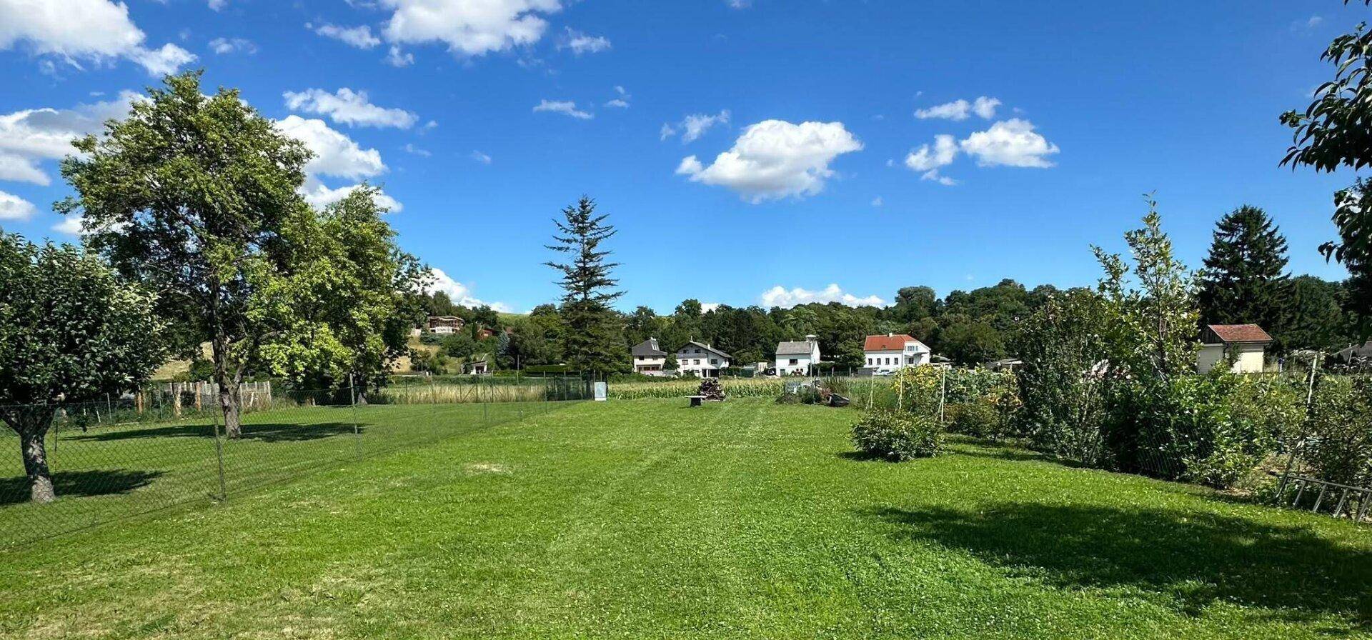 Panoramablick über eine weitläufige Rasenfläche mit Bäumen und Häusern in der Ferne.