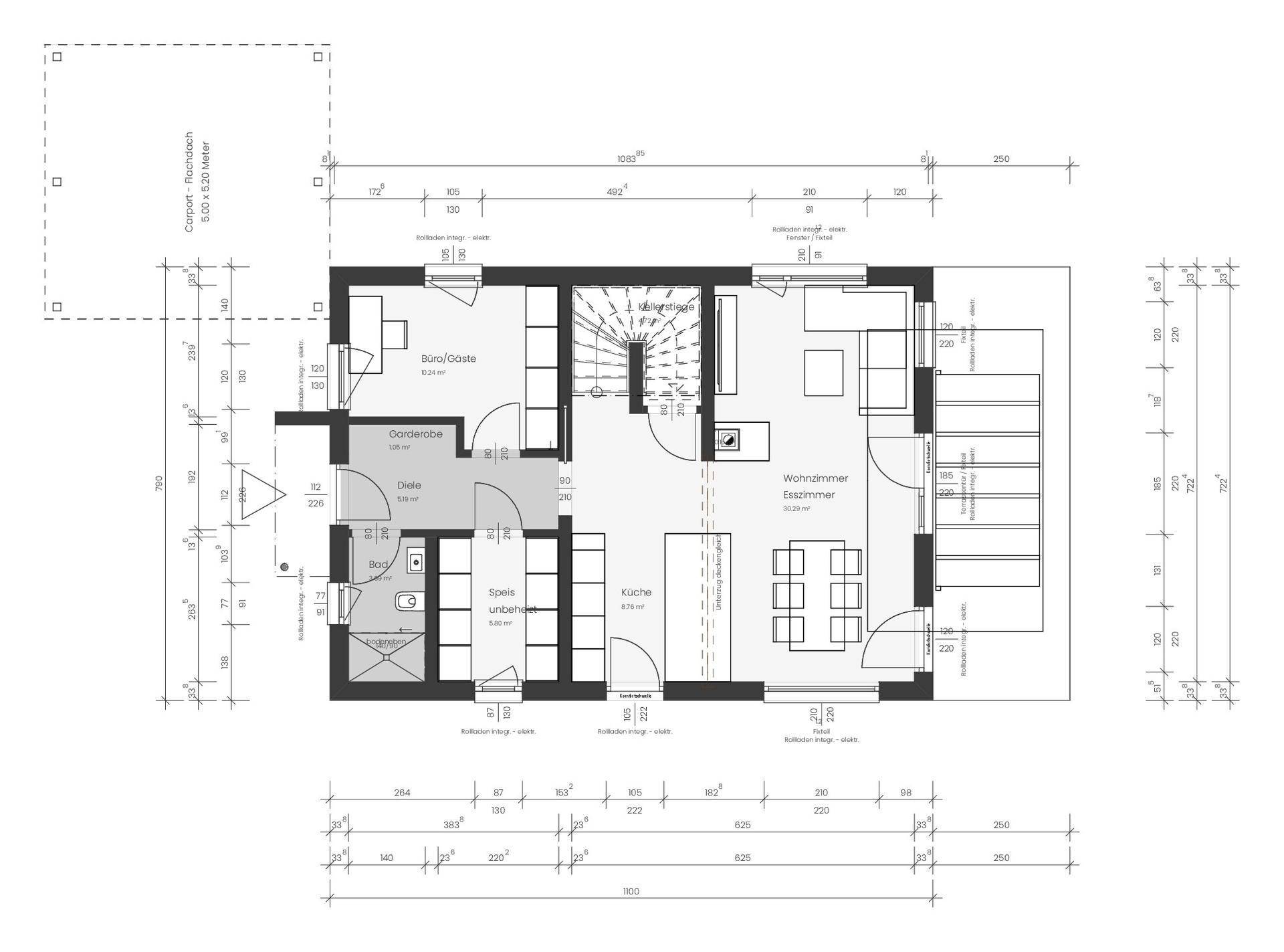 Grundriss des Erdgeschosses mit offenem Wohn-Essbereich, Küche und Gästezimmer.