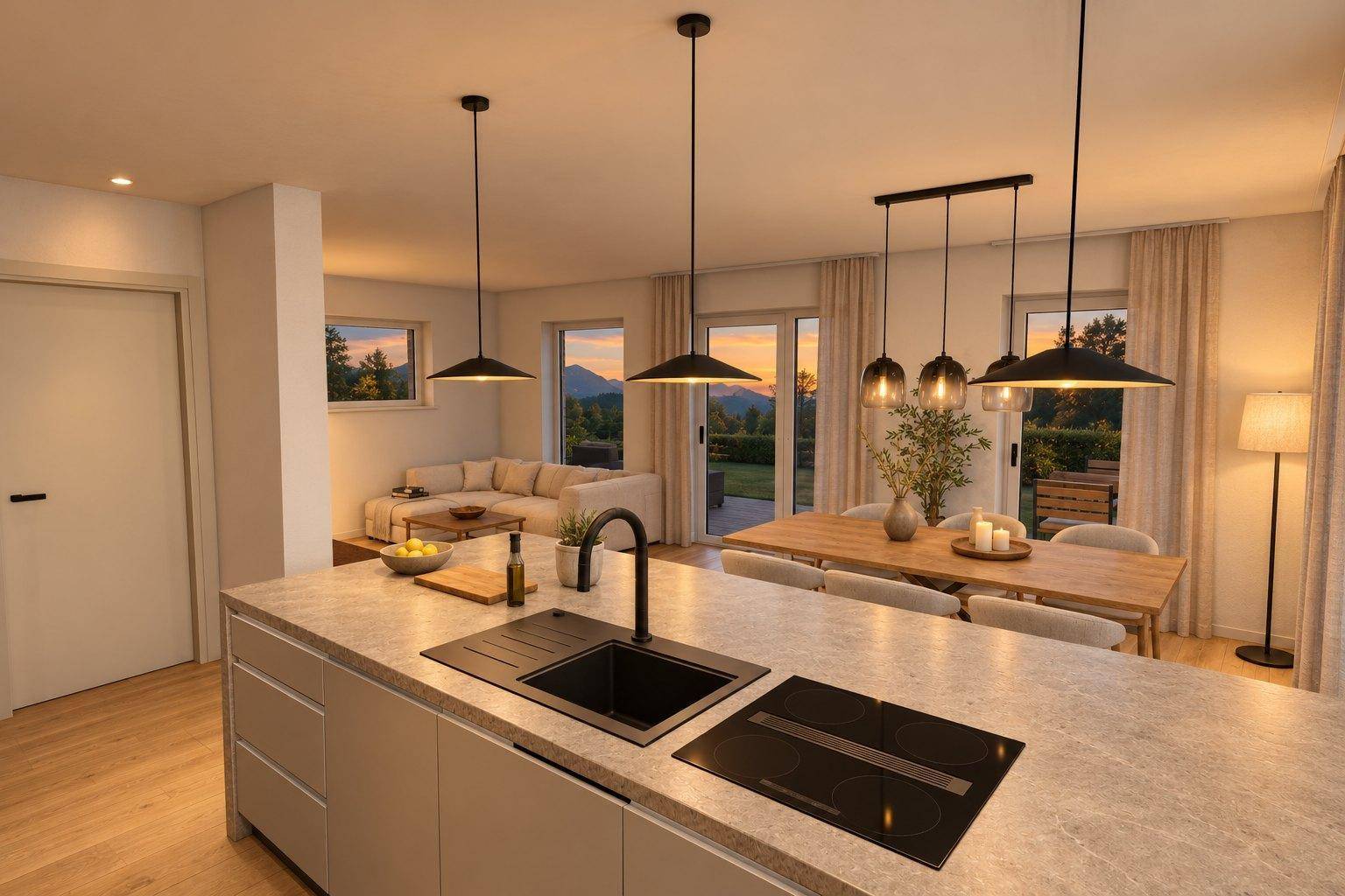 Moderne offene Küche mit Kochinsel, Essbereich und angrenzendem Wohnzimmer mit Bergblick.