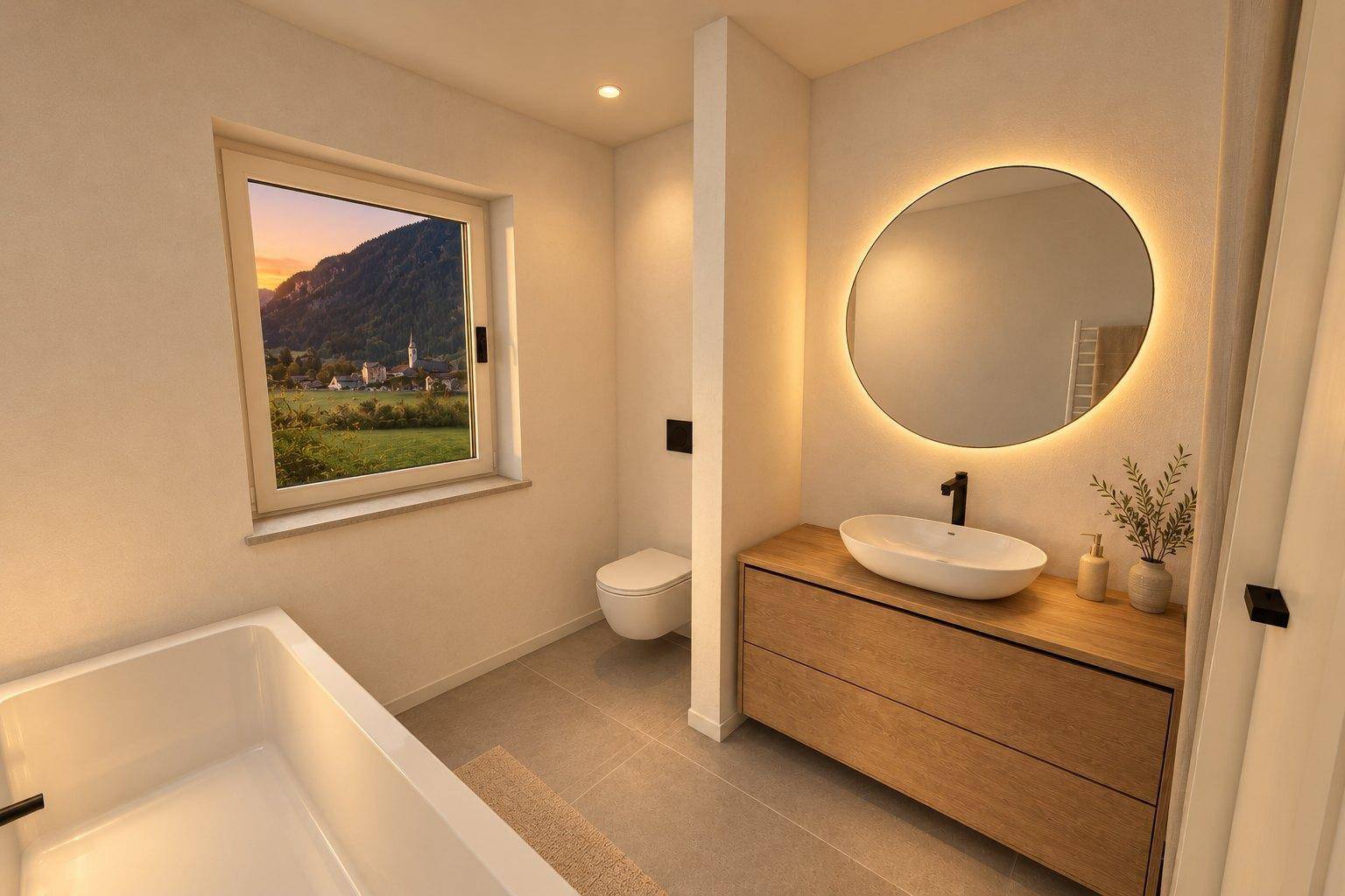 Modernes Badezimmer mit Badewanne, Einzelwaschbecken, beleuchtetem Spiegel und Fenster mit Bergblick.