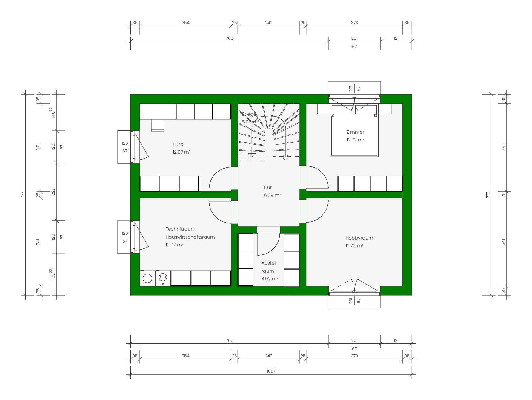 Grundriss des Untergeschosses mit Hobbyraum, Technikraum und weiterem Zimmer.