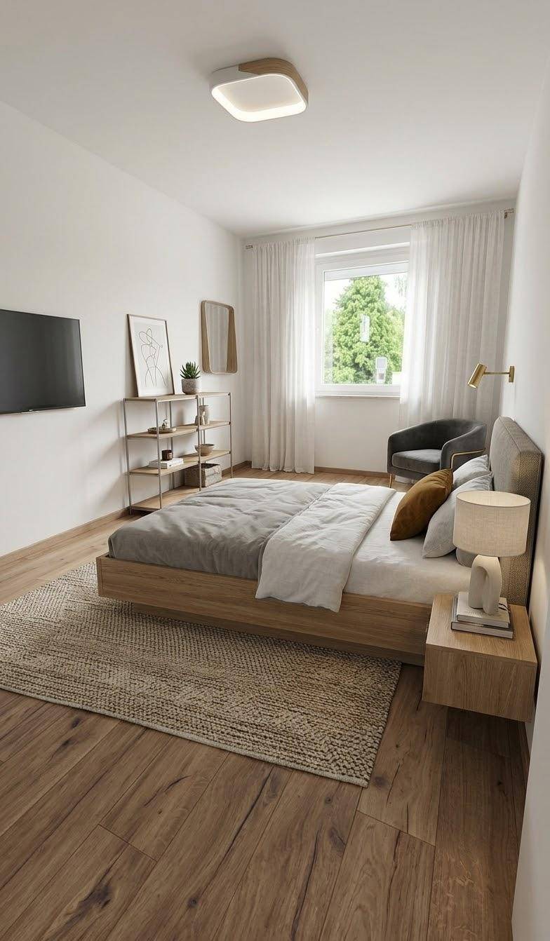 Gemütliches Schlafzimmer mit Holzboden, großem Bett und Fenster mit Grünblick.
