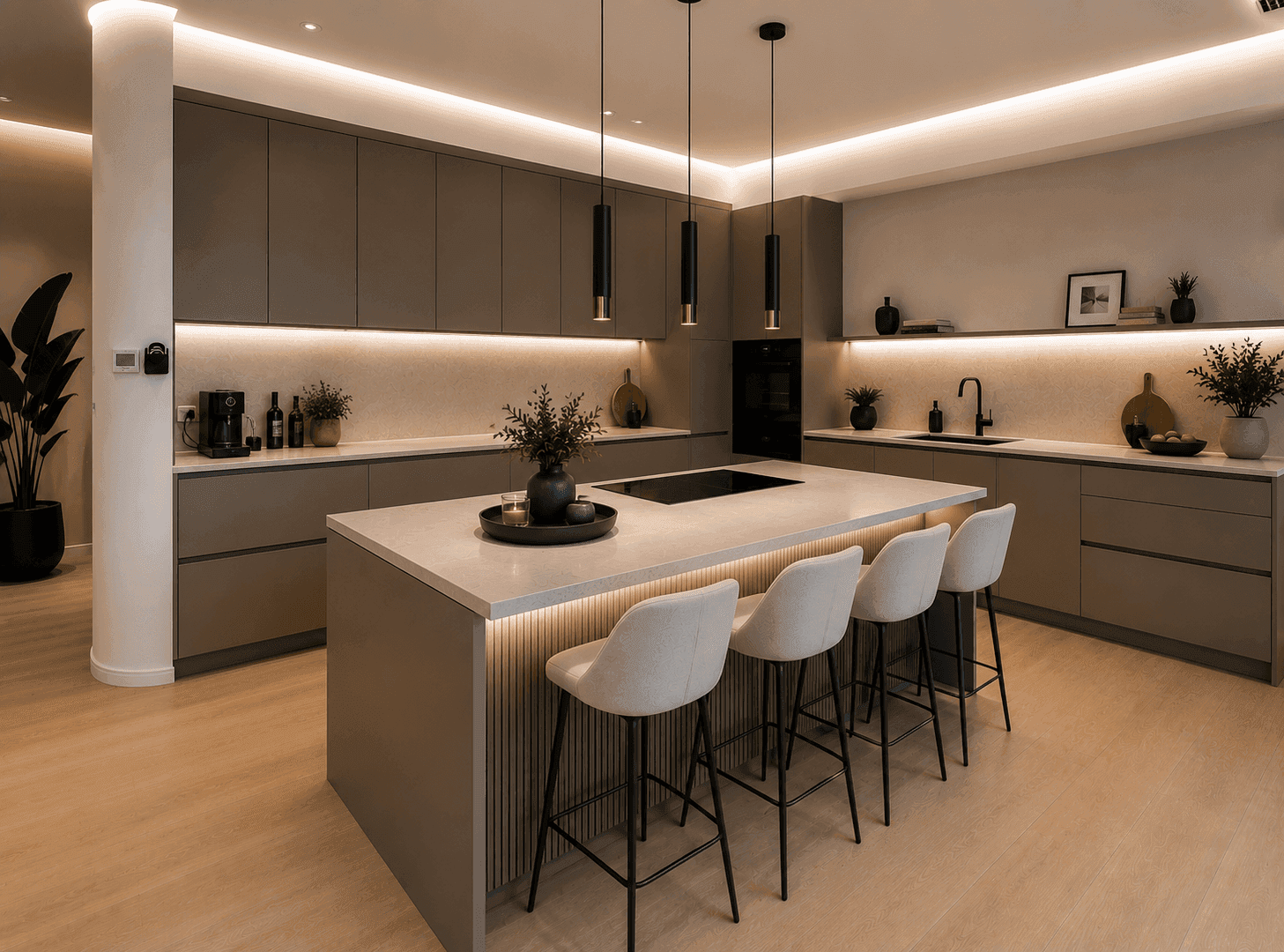 Elegante moderne Küche mit grauen Schränken, großer Kochinsel und hochwertigen Einbaugeräten.