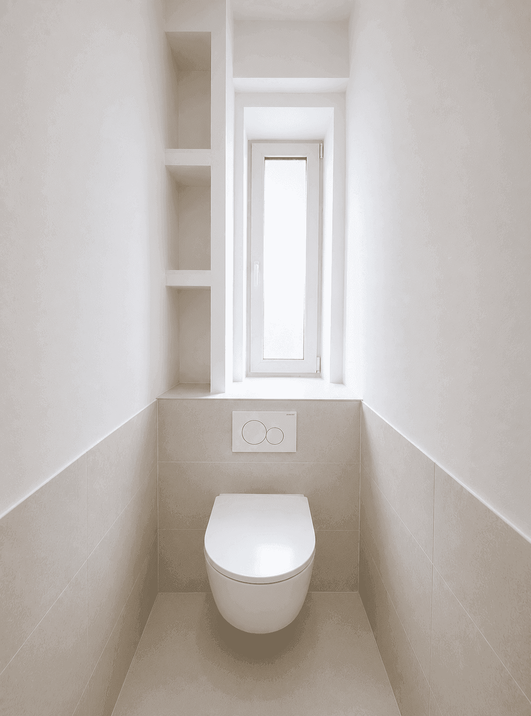 Kleines, modernes WC mit wandhängender Toilette, Fliesen und schmalem Fenster für Tageslicht.