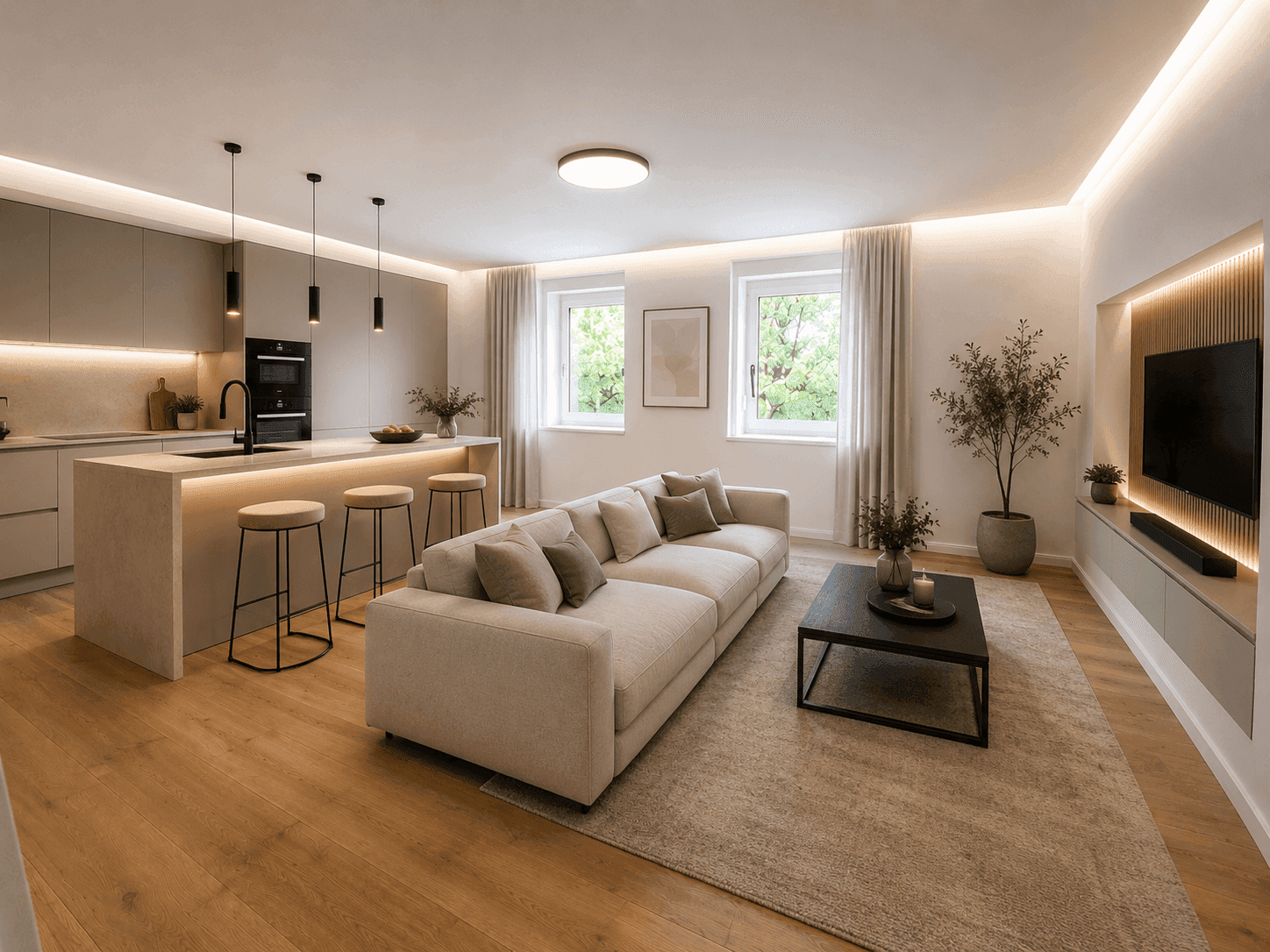 Moderner offener Wohn- und Essbereich mit integrierter Küche, beigem Sofa und Holzboden.