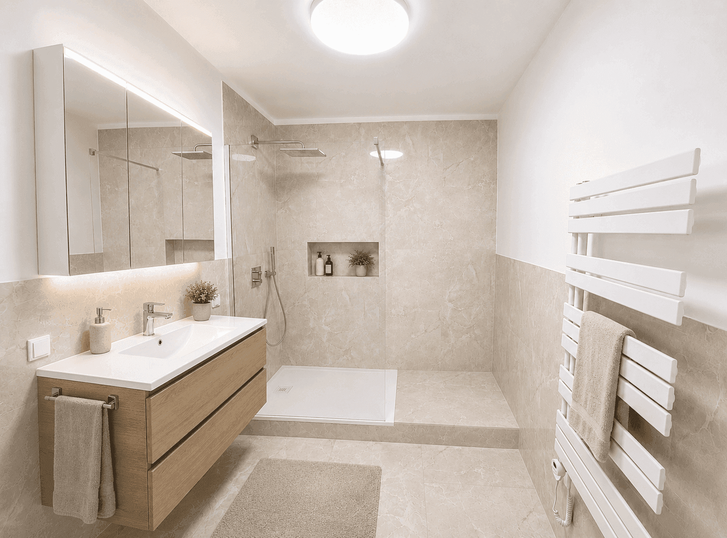 Stilvolles Badezimmer mit modernem Waschtisch, Spiegelschrank, ebenerdiger Dusche und Handtuchheizkörper.