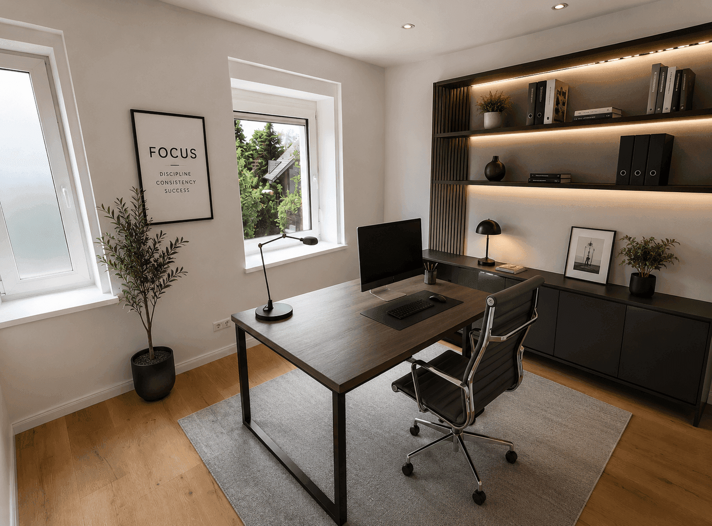 Modernes Arbeitszimmer mit großem Schreibtisch, Bürostuhl und beleuchtetem Bücherregal.