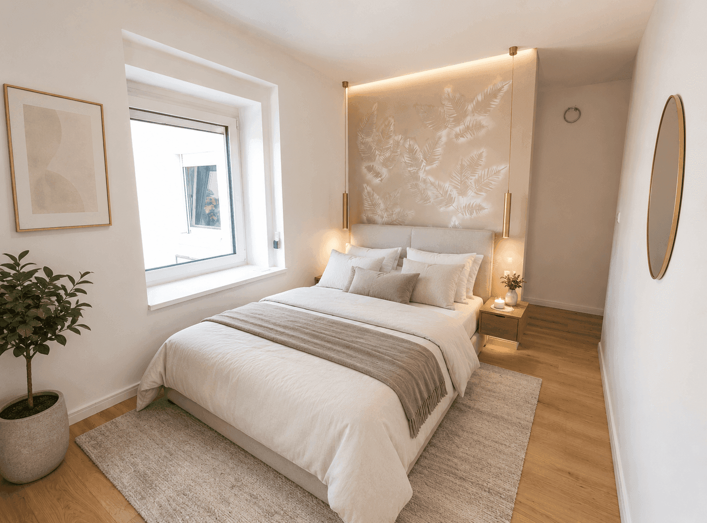 Gemütliches Schlafzimmer mit Doppelbett, Nachttischen und einer stilvollen Wanddekoration hinter dem Bett.