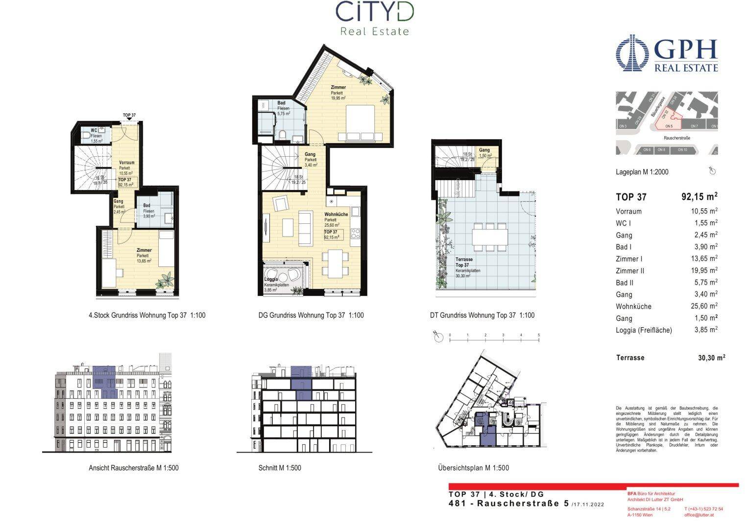 Detaillierter Grundriss einer Wohnung über mehrere Etagen mit Terrasse, Loggia und offenem Wohnbereich.