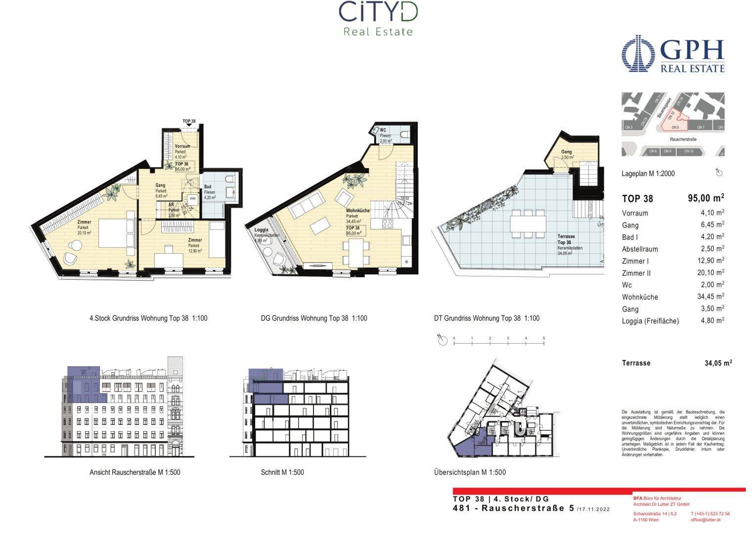 Detaillierter Grundriss einer Wohnung mit mehreren Zimmern, Loggia und Terrasse.
