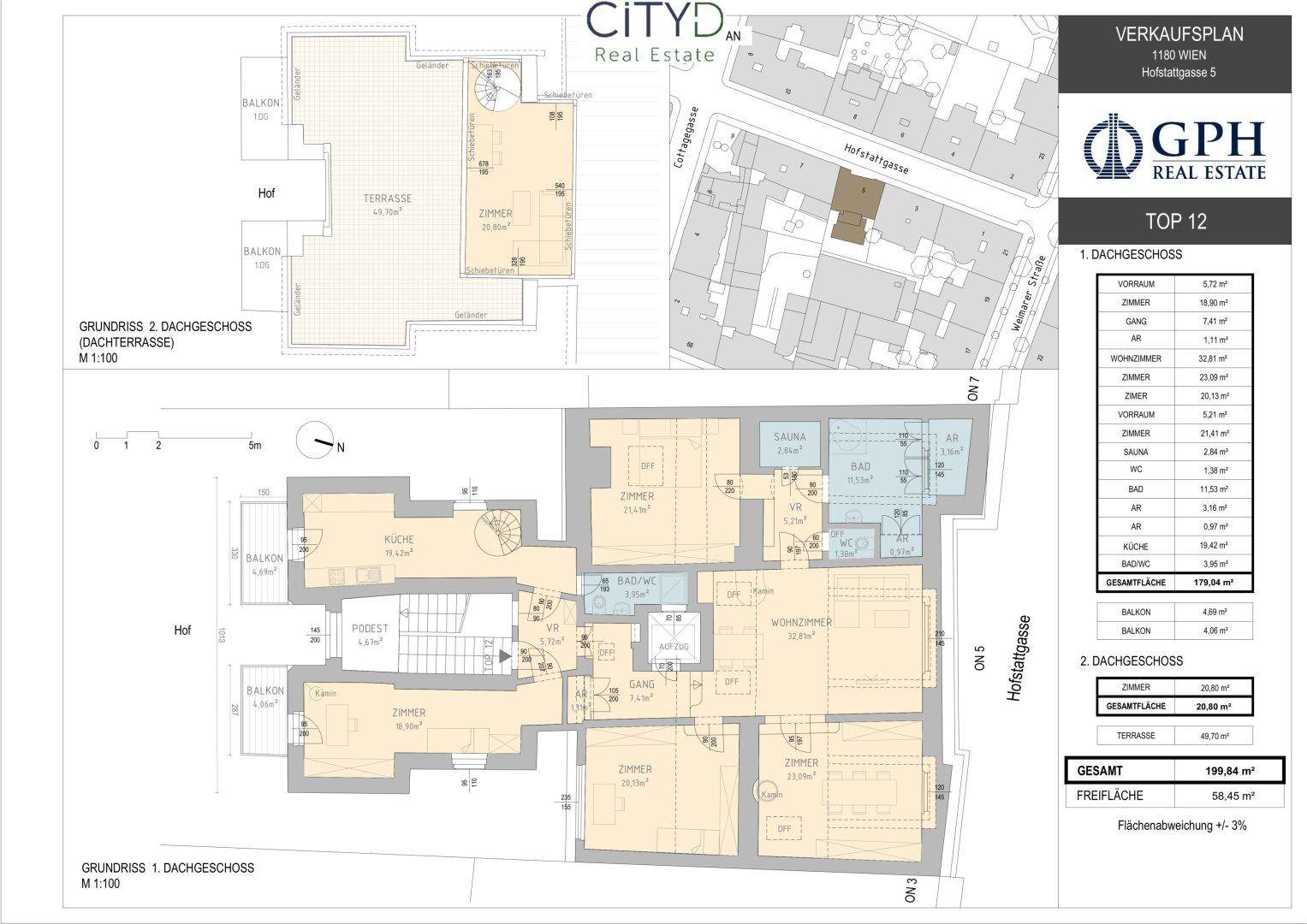 Detaillierter Grundrissplan einer Maisonette-Wohnung über zwei Dachgeschosse mit Dachterrasse und Balkonen.