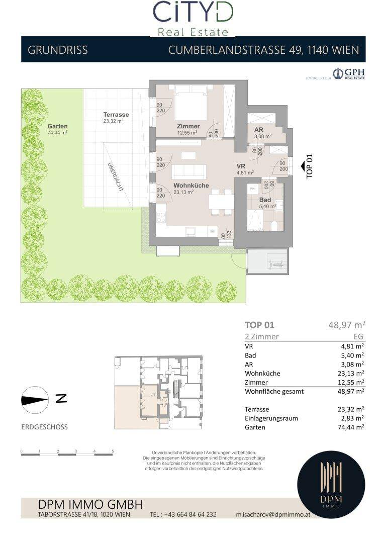 Grundriss der Wohnung Top 01 mit Terrasse und Garten im Erdgeschoss.