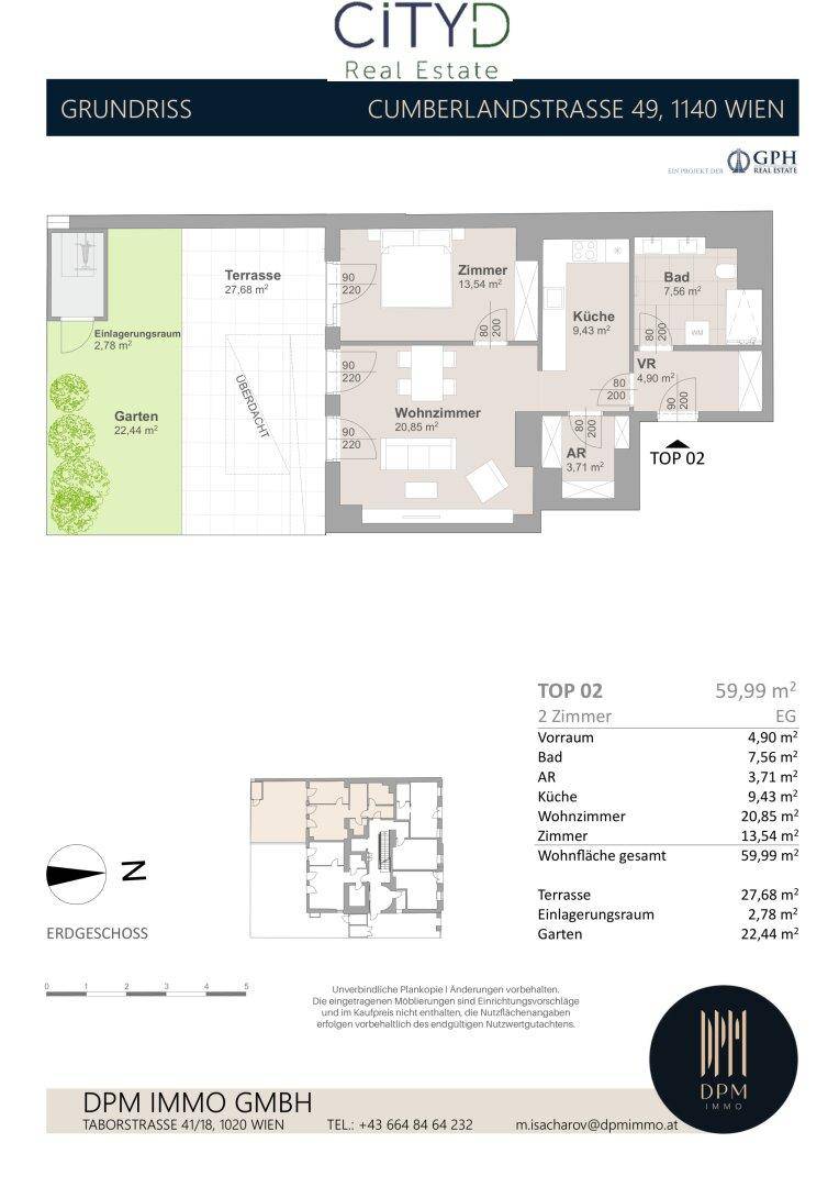 Grundriss der Wohnung TOP 02 mit Wohnzimmer, Schlafzimmer, Küche, Bad und großer Terrasse mit Garten.