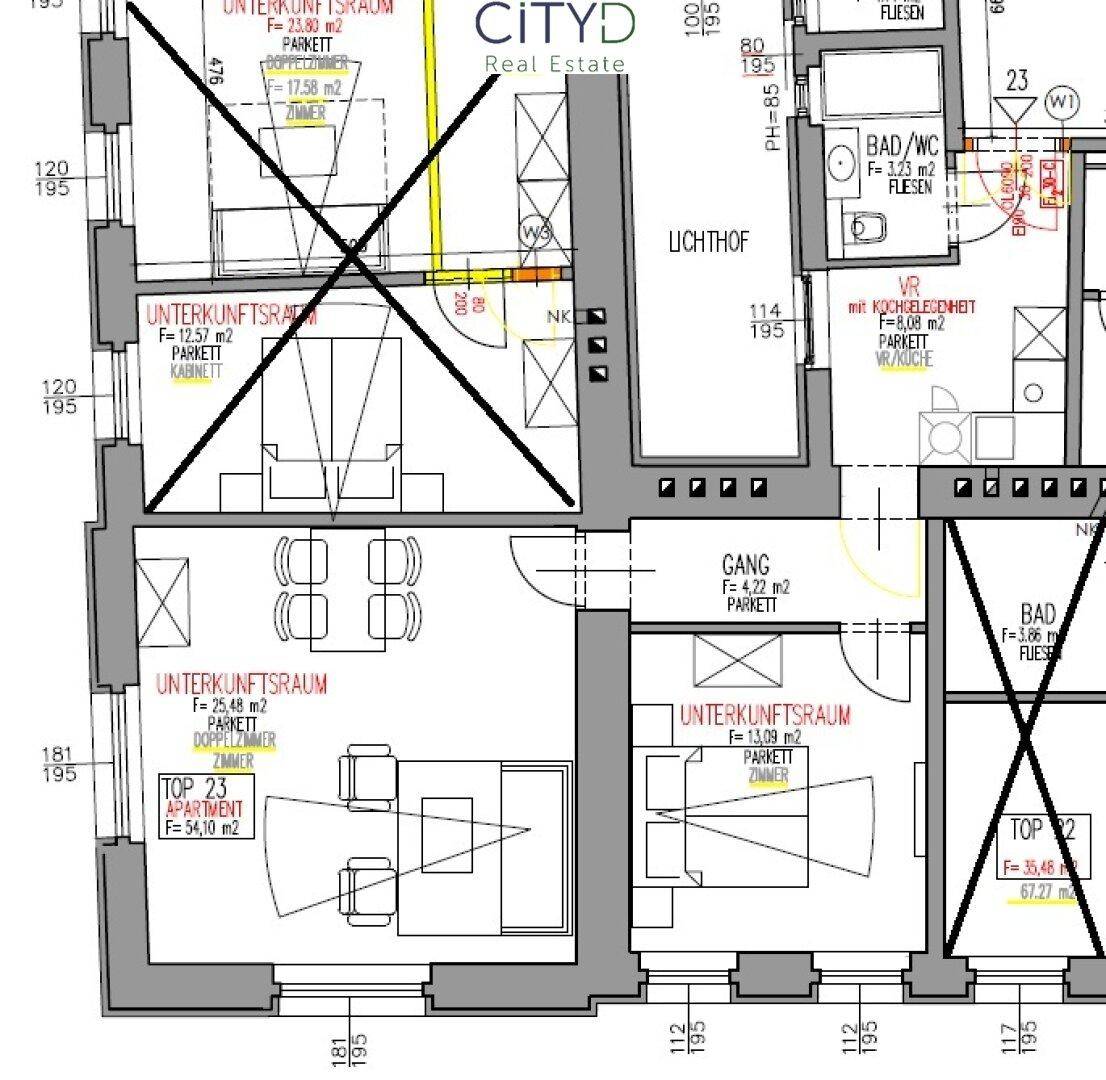 Detaillierter Grundriss einer Wohnung mit mehreren Zimmern und Bädern, inklusive Flächenangaben.