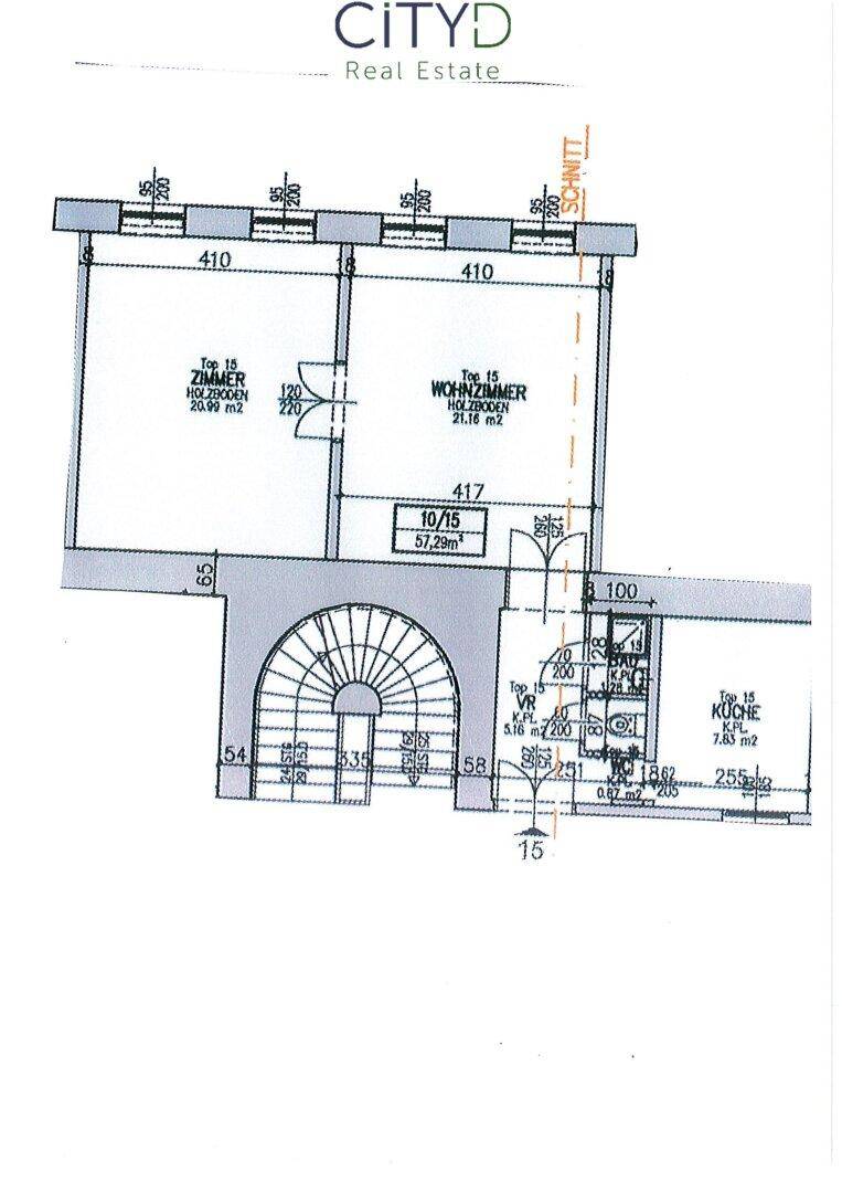 Grundriss der Wohnung mit Zimmern, Wohnzimmer und Küche, inklusive Maßen.