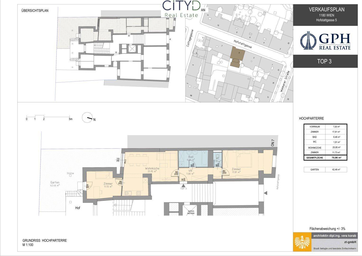 Grundriss einer Wohnung mit offenem Wohnbereich, Garten und Balkon.