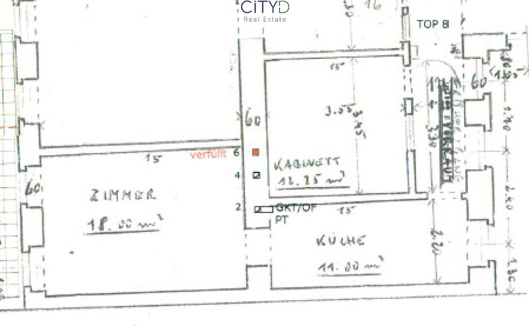 Handgezeichneter Grundriss einer Wohnung mit Zimmer, Kabinett und Küche.