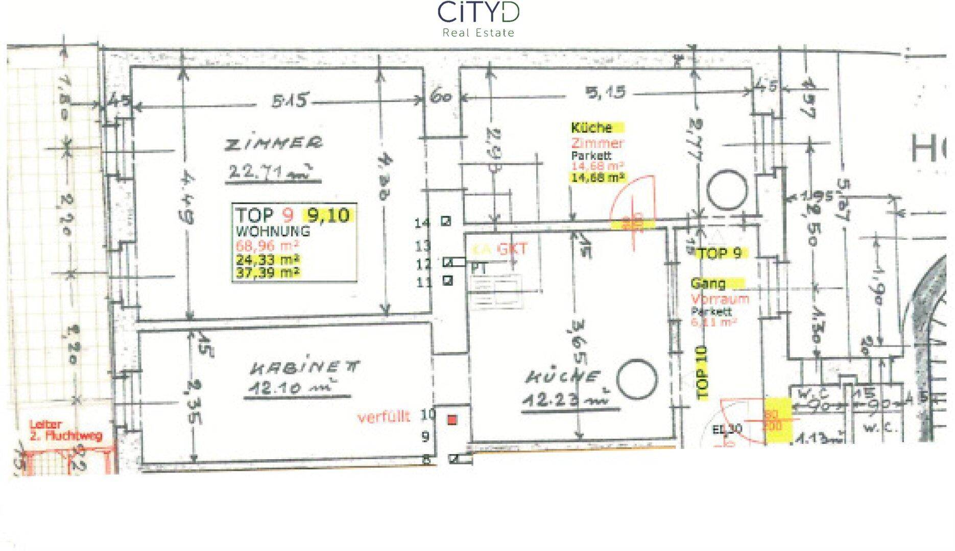 Handgezeichneter Grundriss einer Wohnung mit Zimmern, Küche, Vorraum und WC.