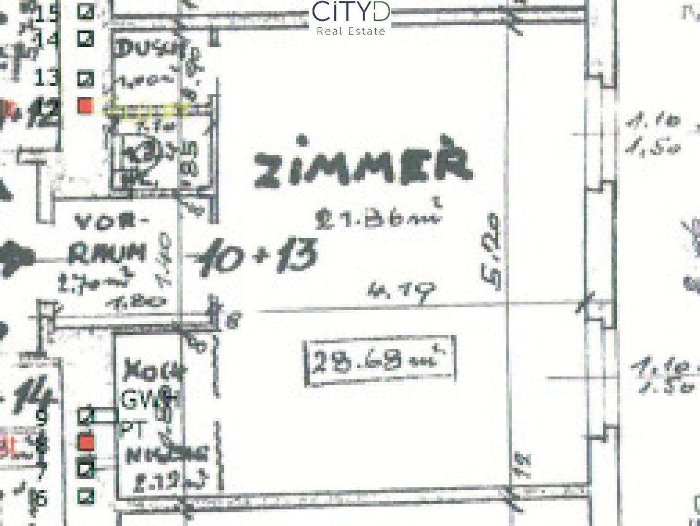 Handgezeichneter Grundriss einer Wohnung mit Zimmer, Vorraum und angrenzenden Bereichen.