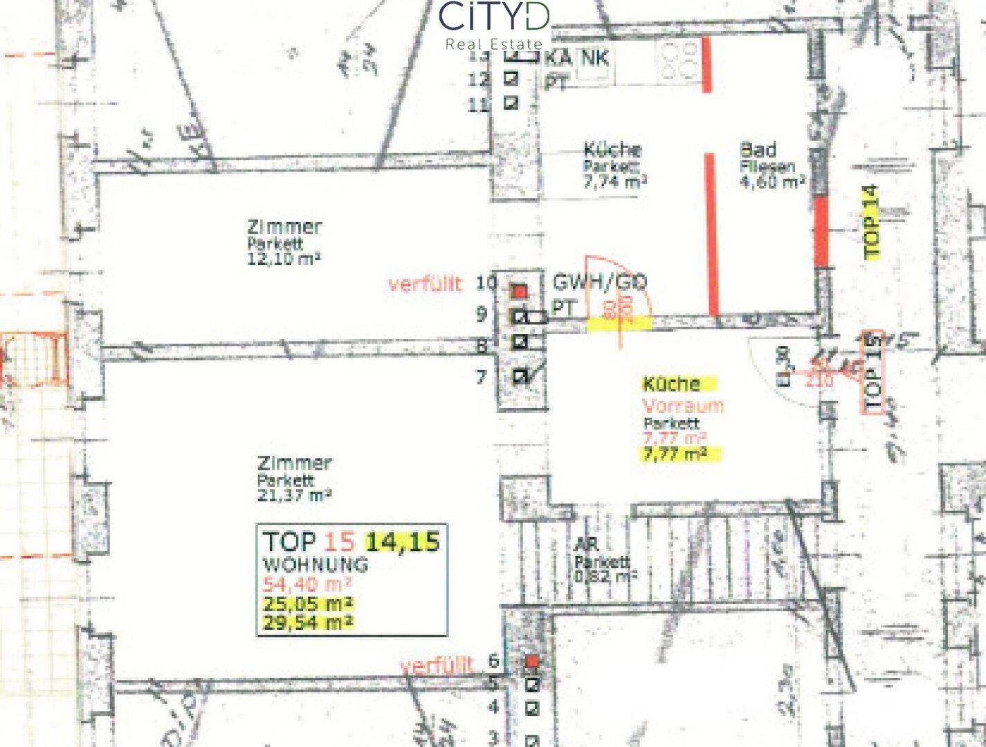 Handgezeichneter Grundriss einer Wohnung mit Zimmern, Küche, Bad und Vorraum.