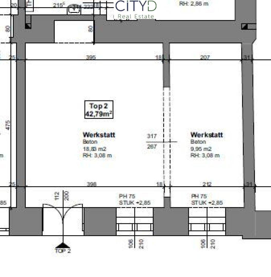 Grundrissplan zeigt zwei Werkstattbereiche mit einer Gesamtfläche von 42,79m².