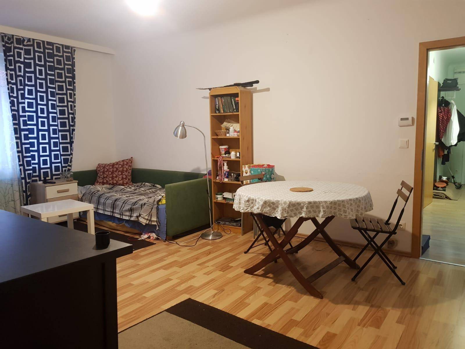 Heller Wohnbereich mit Tagesbett, Bücherregal und Esstisch, offen zum Flur.