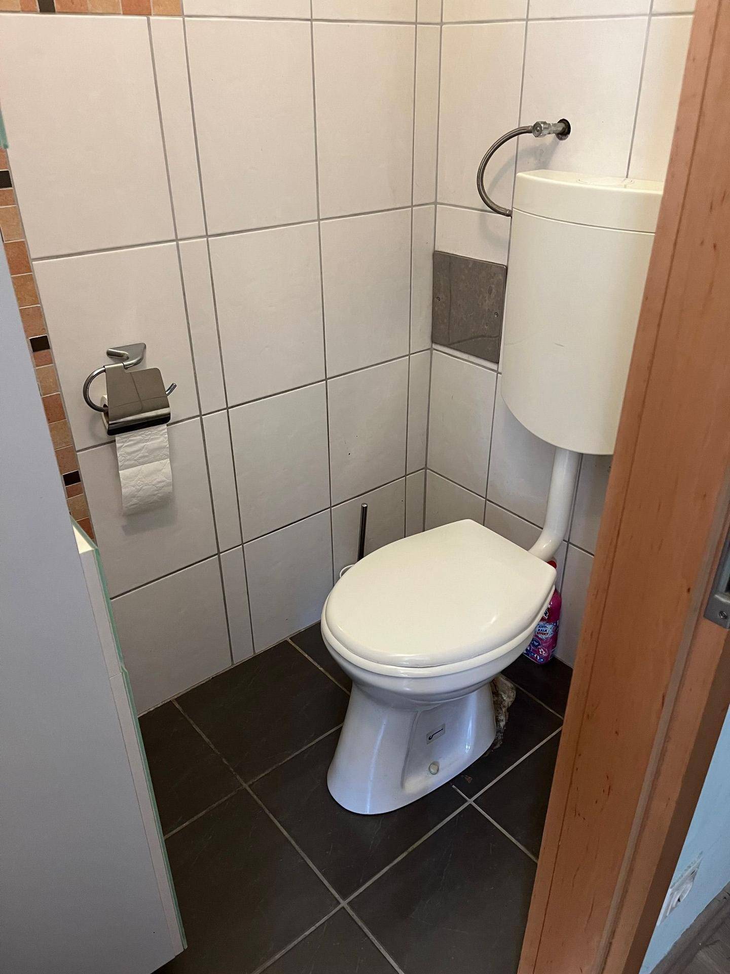 Separate Toilette mit weißer Keramik und Fliesen an Wänden und Boden.