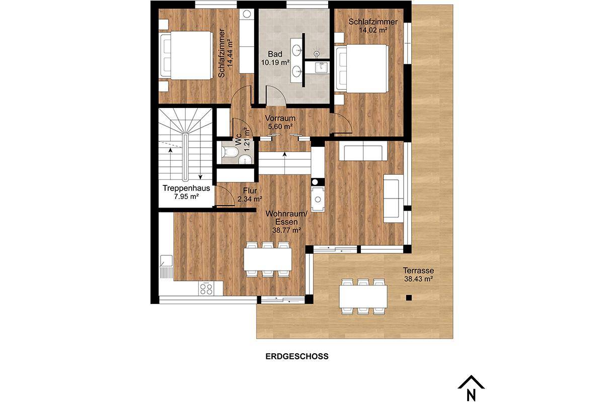 Grundriss des Erdgeschosses mit zwei Schlafzimmern, offenem Wohn-Essbereich und großer Terrasse.