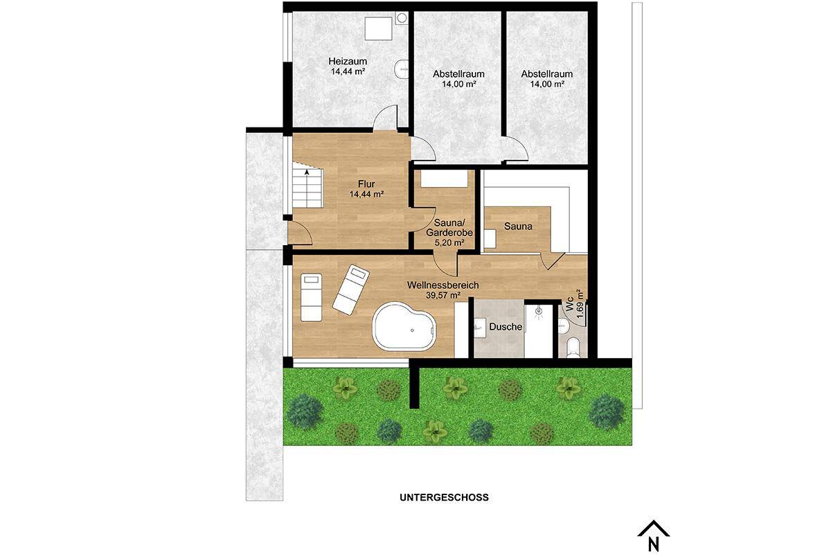 Grundriss des Untergeschosses mit Wellnessbereich, Sauna, Heizraum und Abstellräumen.