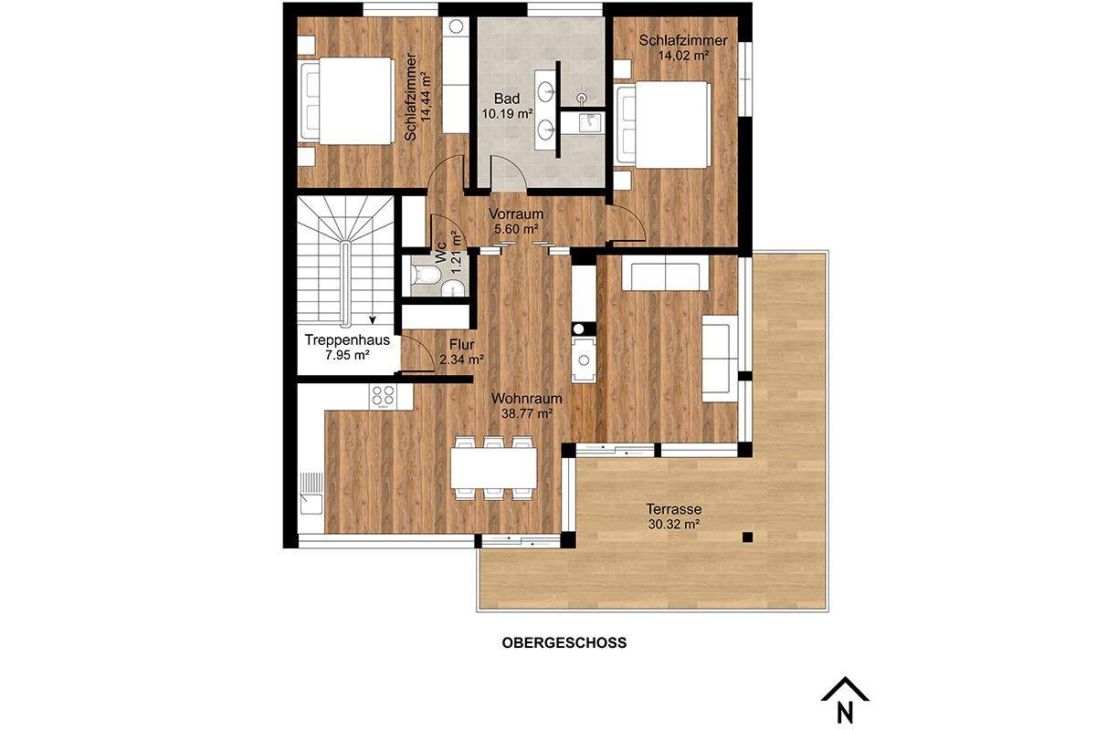 Grundriss des Obergeschosses mit zwei Schlafzimmern, Bad, WC und einer weiteren Terrasse.